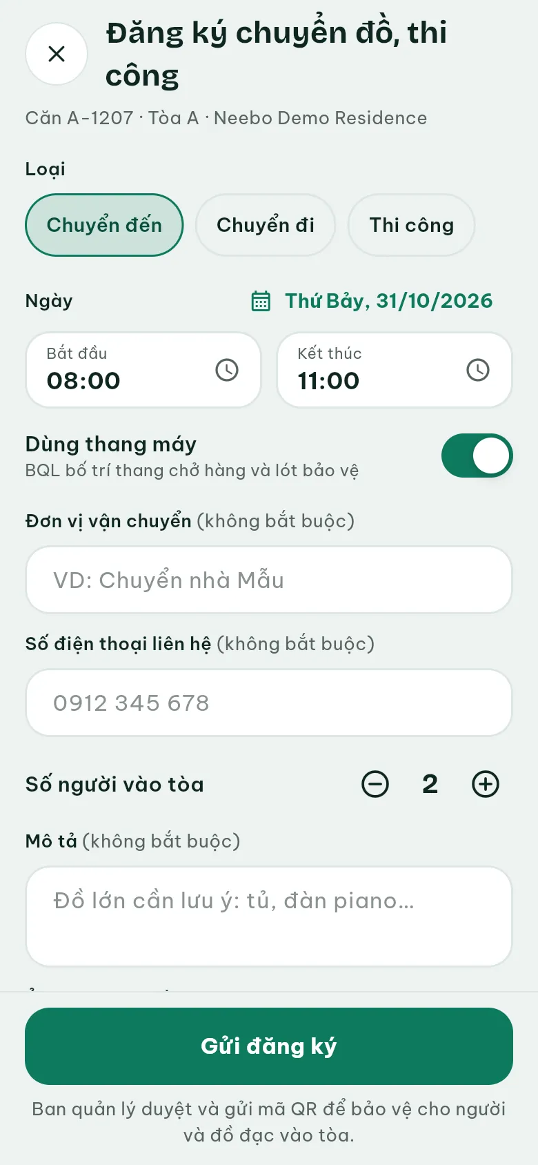 Ảnh màn hình bước 3: Điền phiếu đăng ký