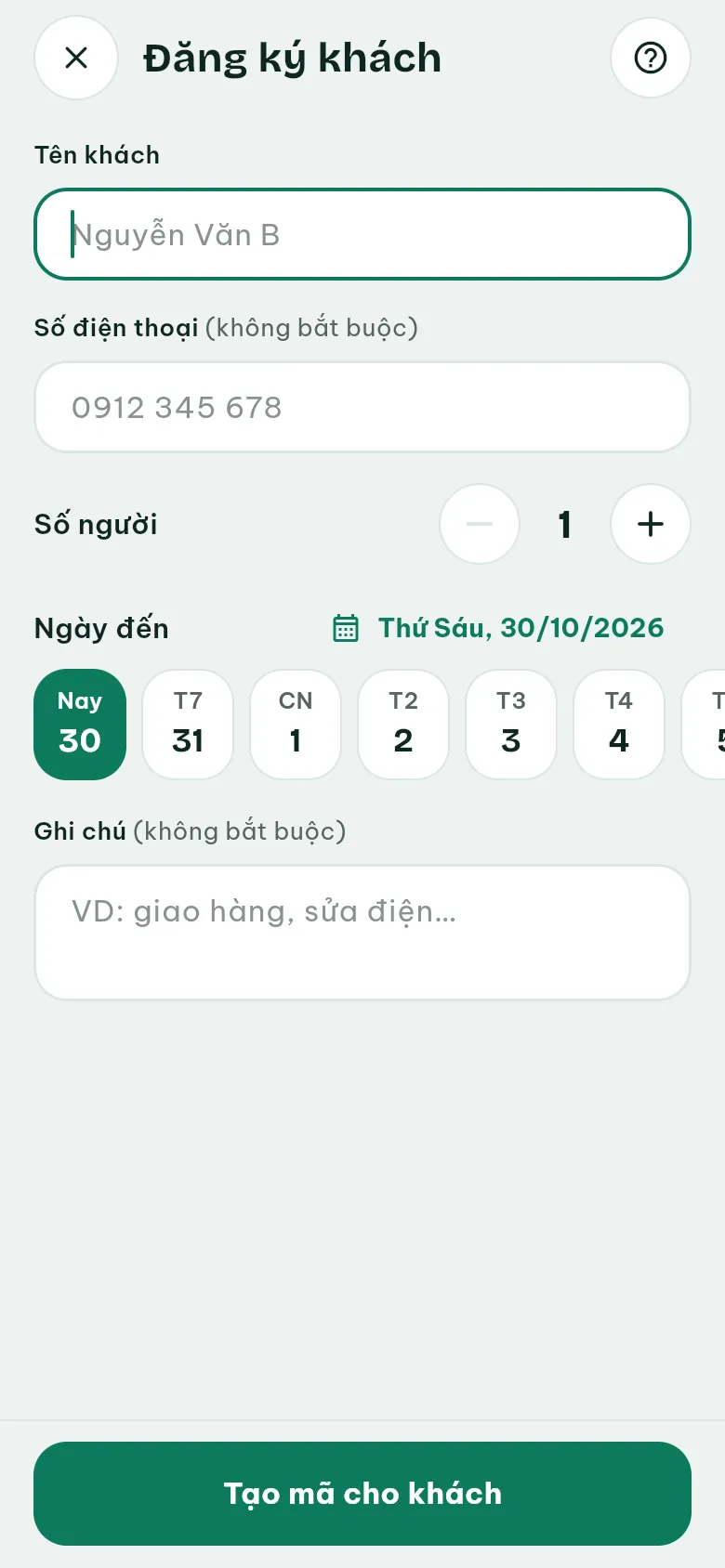 Ảnh màn hình bước 3: Điền thông tin khách
