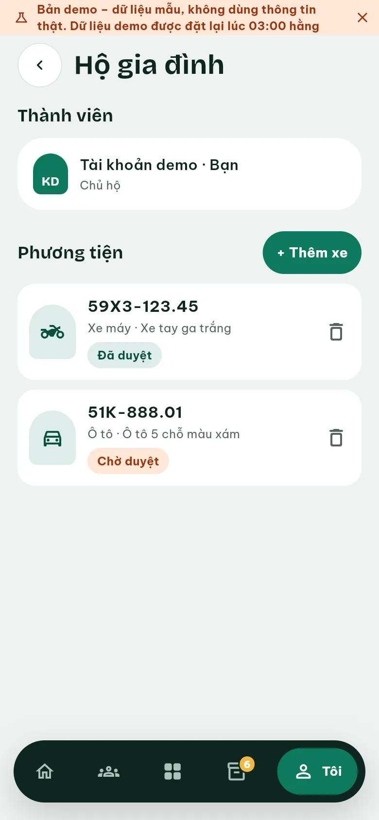 Ảnh màn hình bước 1: Thêm xe trong Hộ gia đình