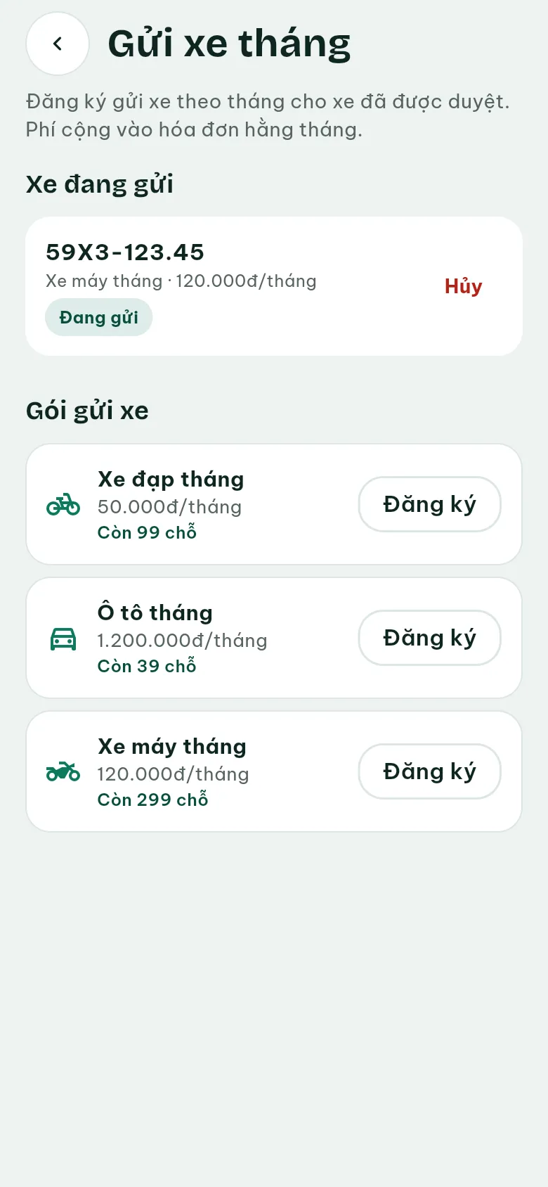 Ảnh màn hình bước 3: Mở Gửi xe tháng
