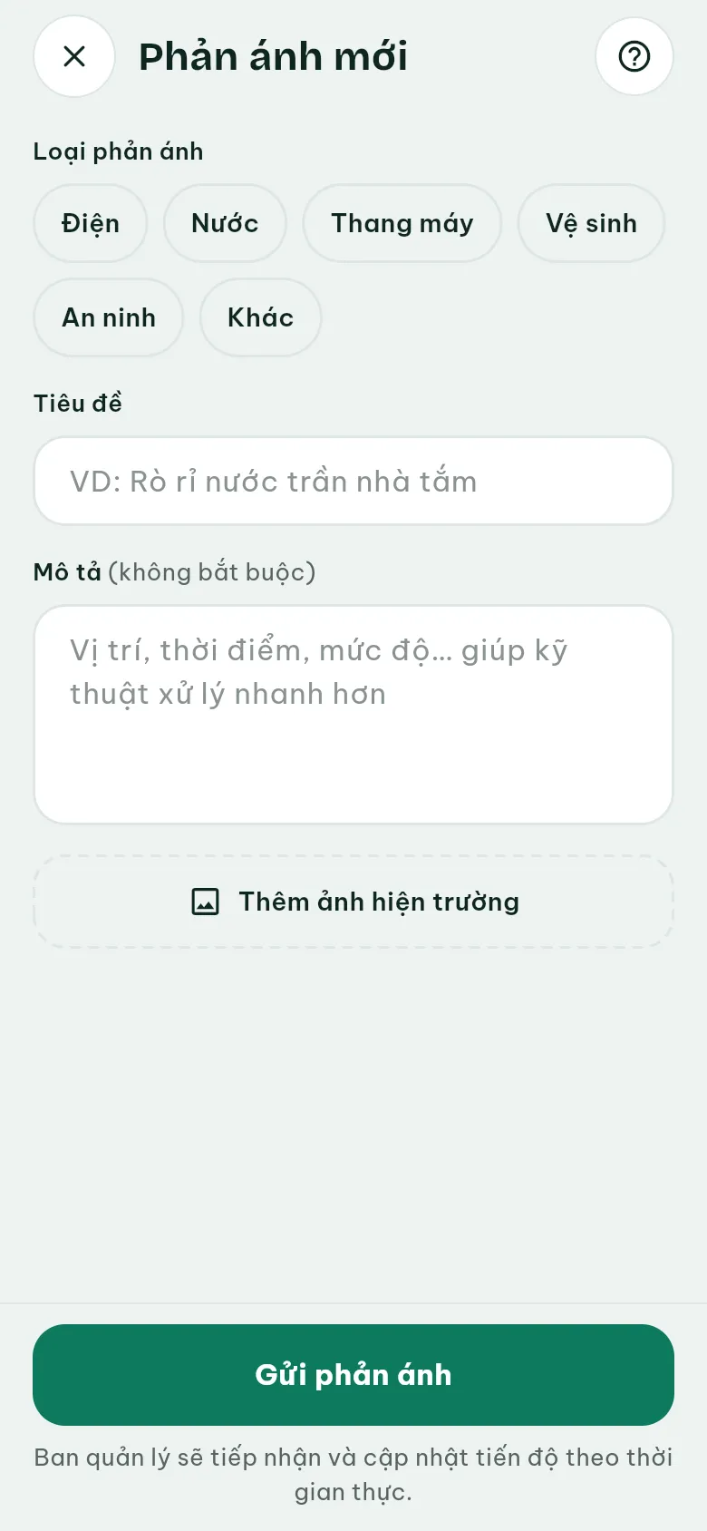 Ảnh màn hình bước 2: Chọn loại phản ánh