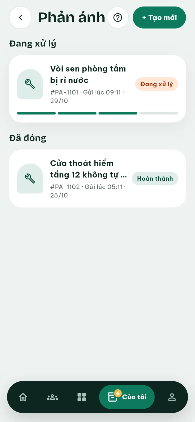 Ảnh màn hình bước 1: Mở danh sách phản ánh