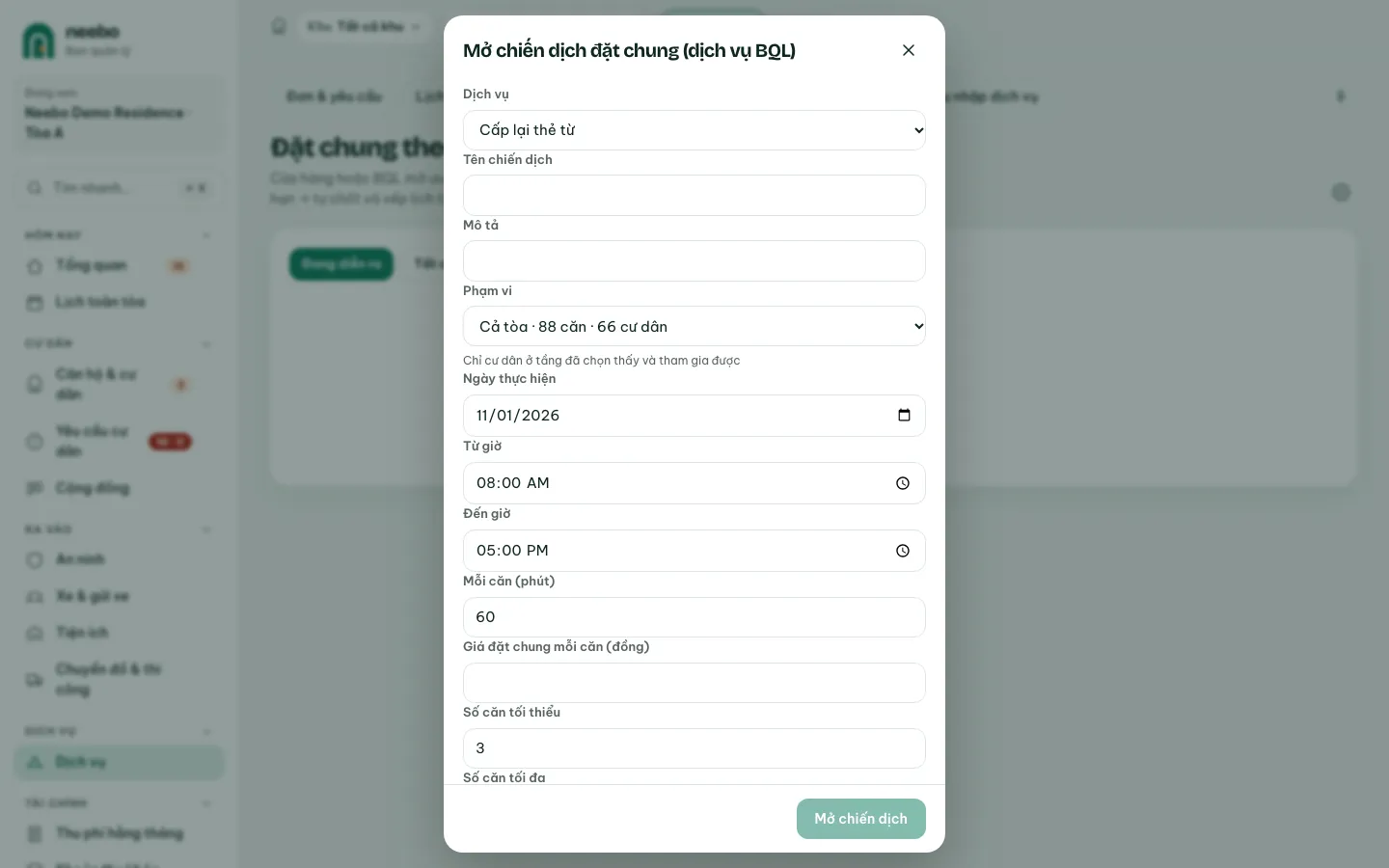Ảnh màn hình bước 4: Mở chiến dịch cho dịch vụ BQL