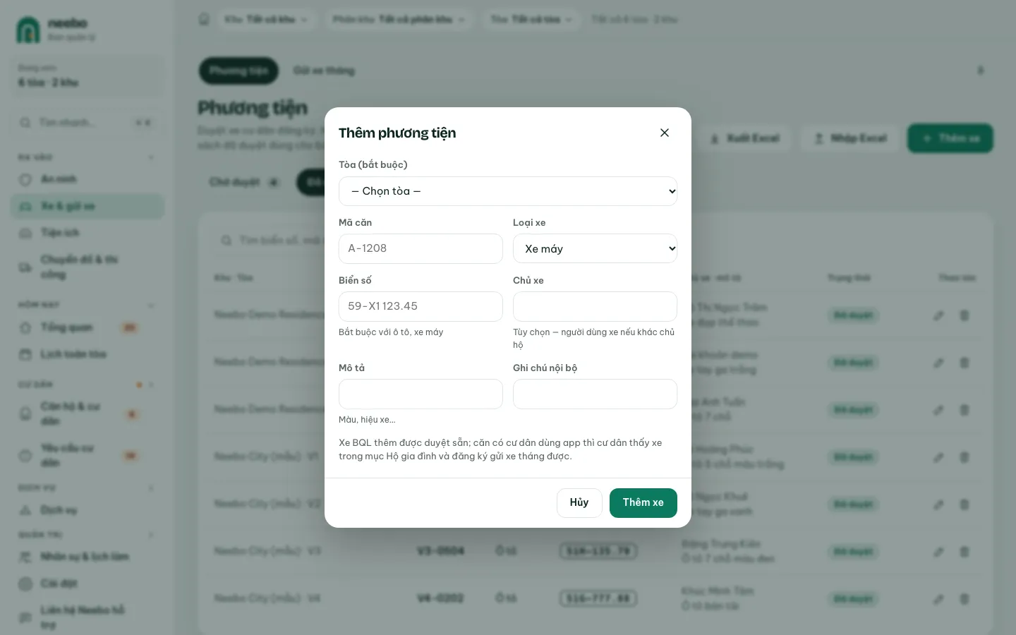 Ảnh màn hình bước 3: Thêm xe cho căn chưa dùng app