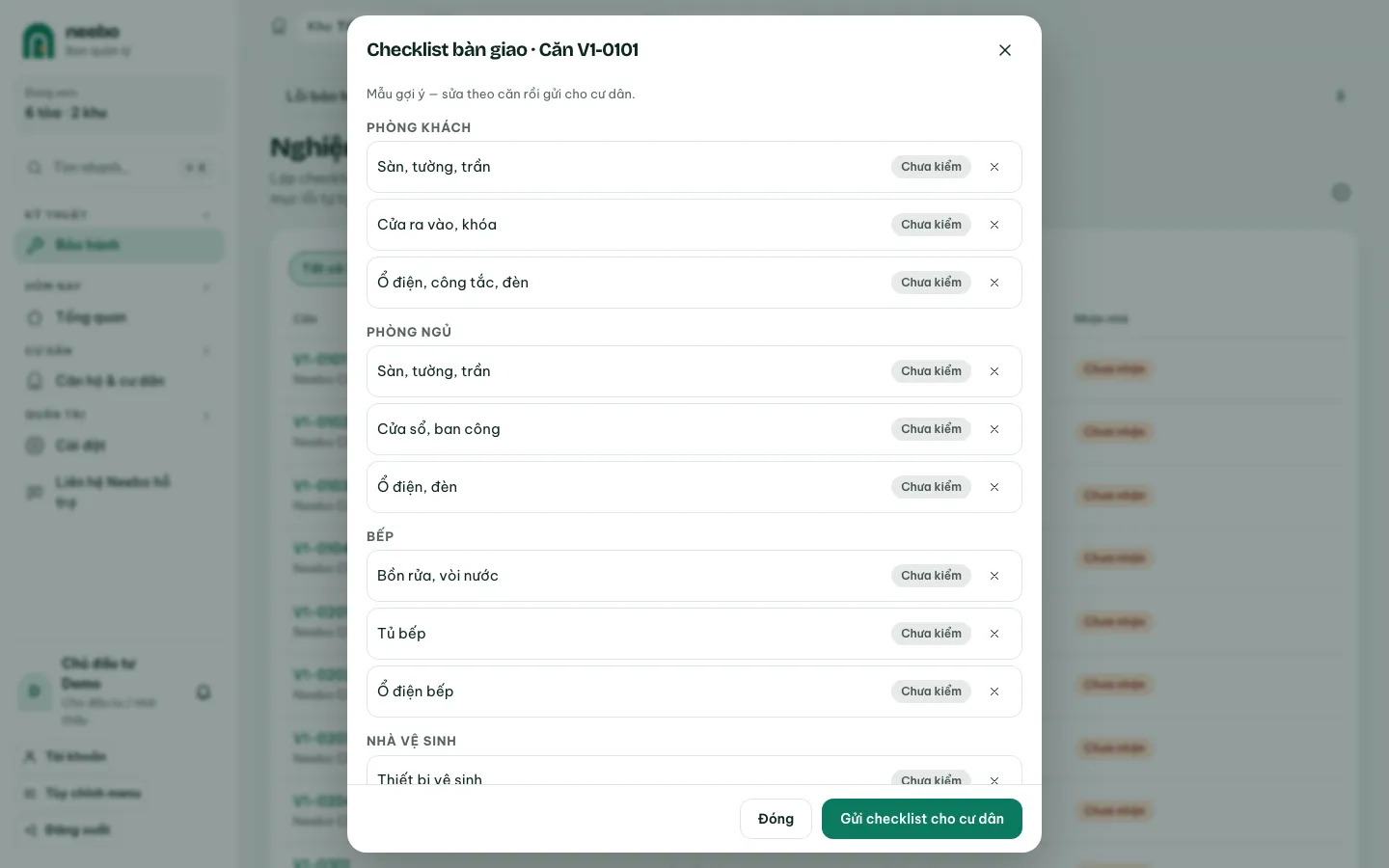 Ảnh màn hình bước 2: Mở checklist của một căn